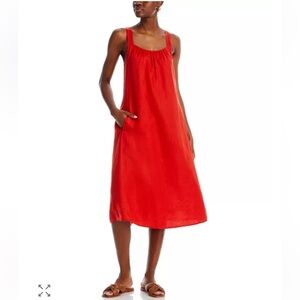 Eileen Fisher Sleeveless Scoop Neck Orange+Red Linen Cami Dress-S.
